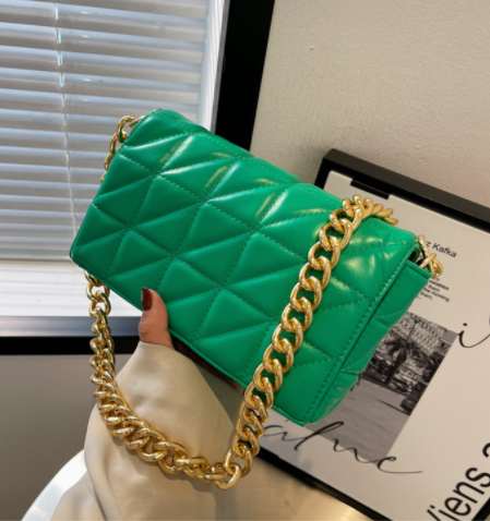 Stevvex green quilted shoulder bag with gold thick chain strap and small flap clutch on Tampa Home & Garden Store