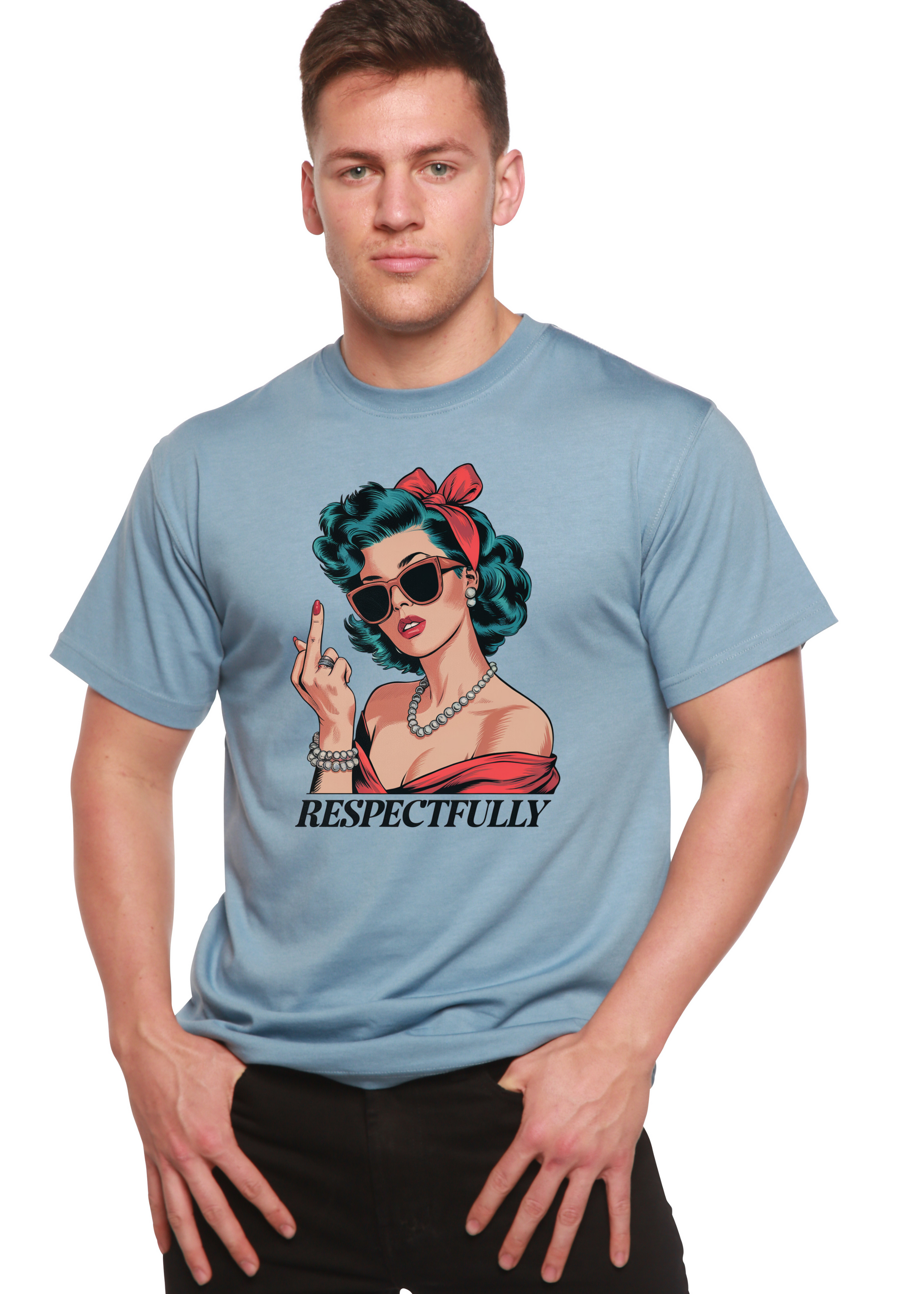 Unisex bamboo/cotton graphic T-shirt in light blue with retro pinup print by Spun Bamboo on Tampa Home & Garden Store