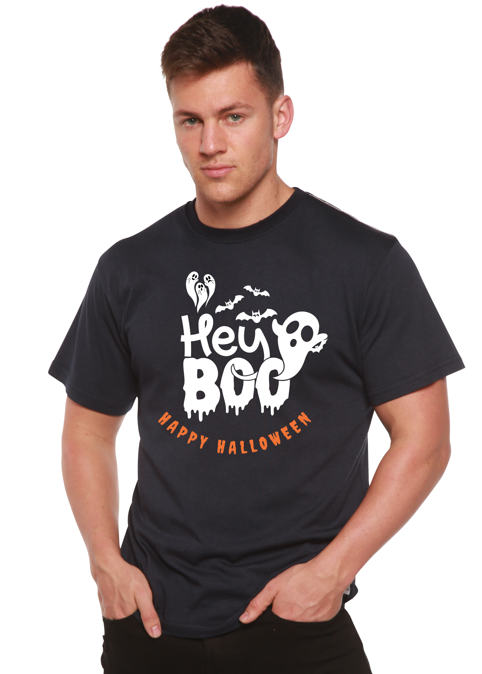 Hey Boo Spun Bamboo viscose organic cotton tee in black with white ghost bats Halloween on Tampa Home & Garden Store