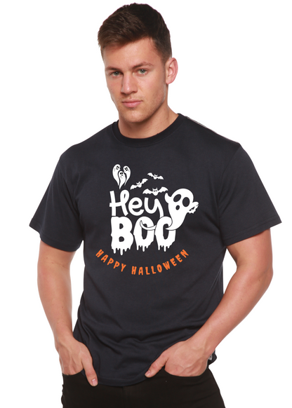 Hey Boo Spun Bamboo viscose organic cotton tee in black with white ghost bats Halloween on Tampa Home & Garden Store