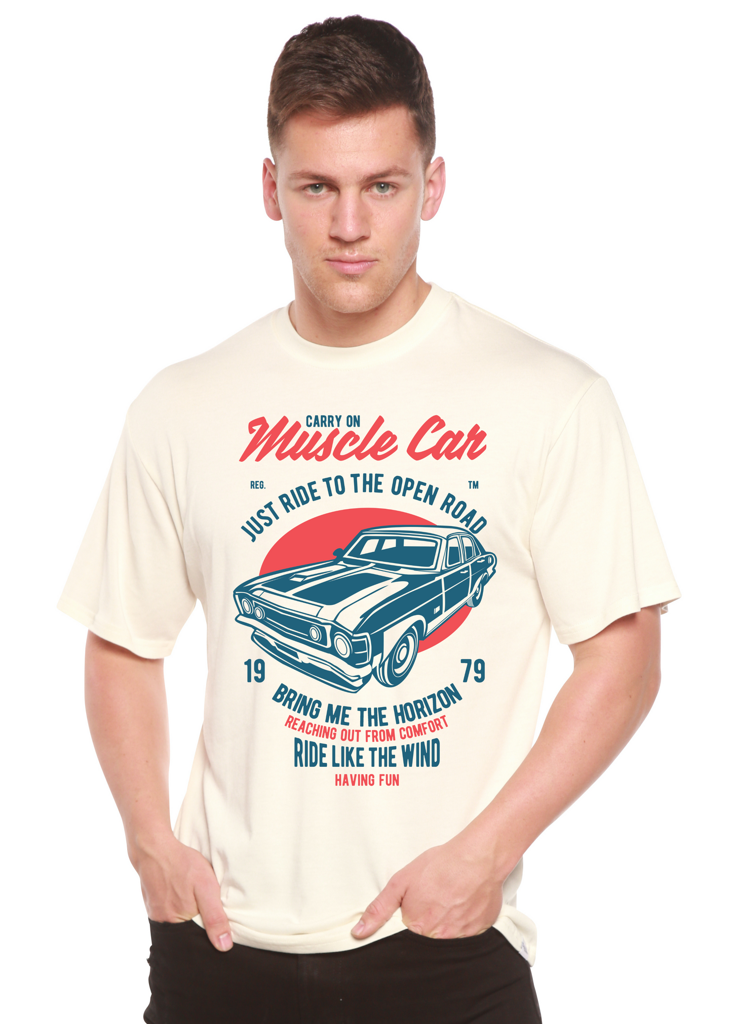 Spun Bamboo men's cream short sleeve tee with vintage muscle car graphic on Tampa Home & Garden Store