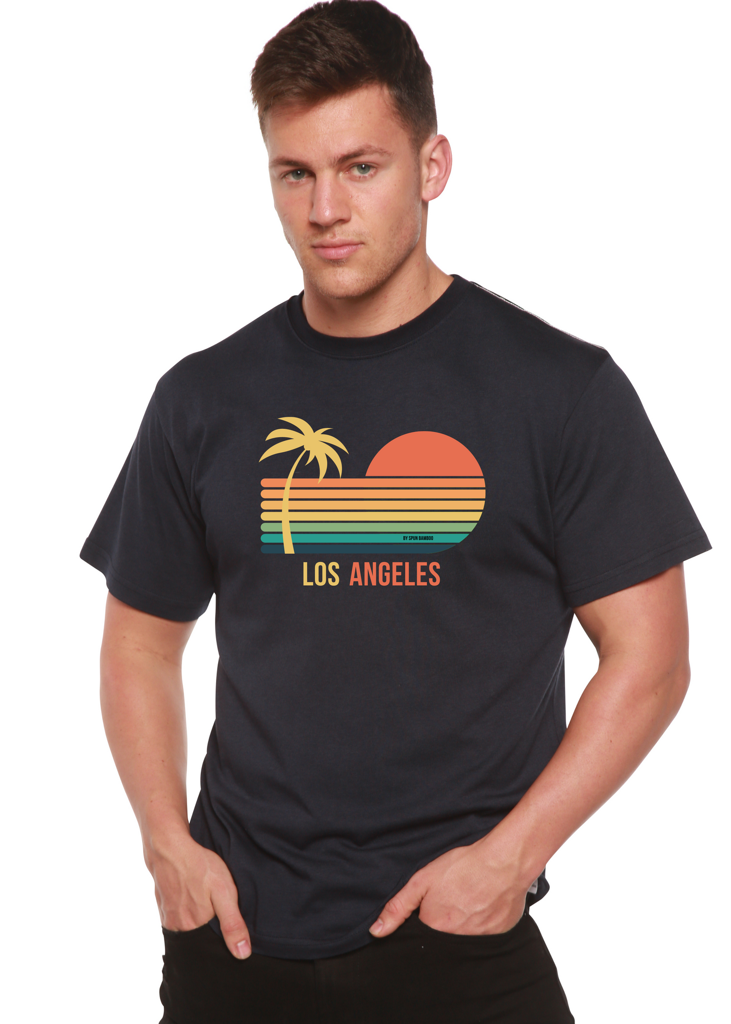 Los Angeles unisex bamboo T-shirt; navy with palm, sunset and retro stripes by Spun Bamboo on Tampa Home & Garden Store