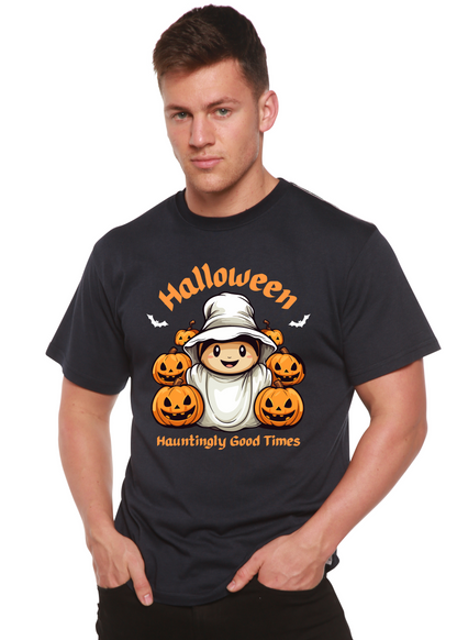 Men's black Halloween T-shirt with ghost and pumpkins, bamboo viscose/organic cotton Spun Bamboo on Tampa Home & Garden Store