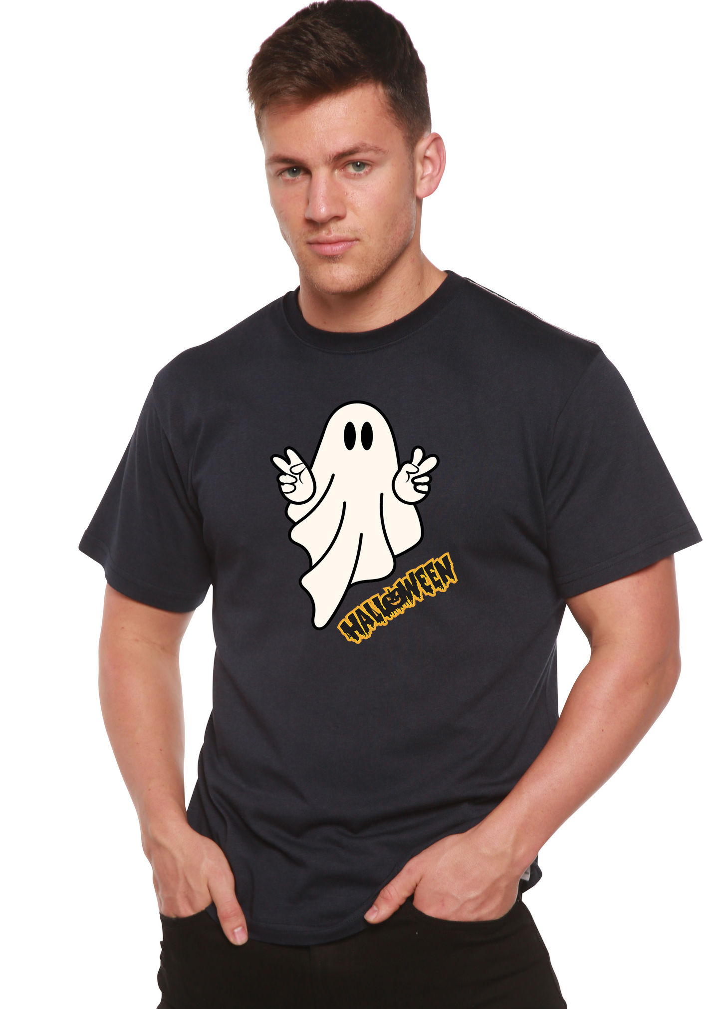 Spun Bamboo Halloween Ghost unisex short sleeve graphic tee navy bamboo viscose/organic cotton on Tampa Home & Garden Store