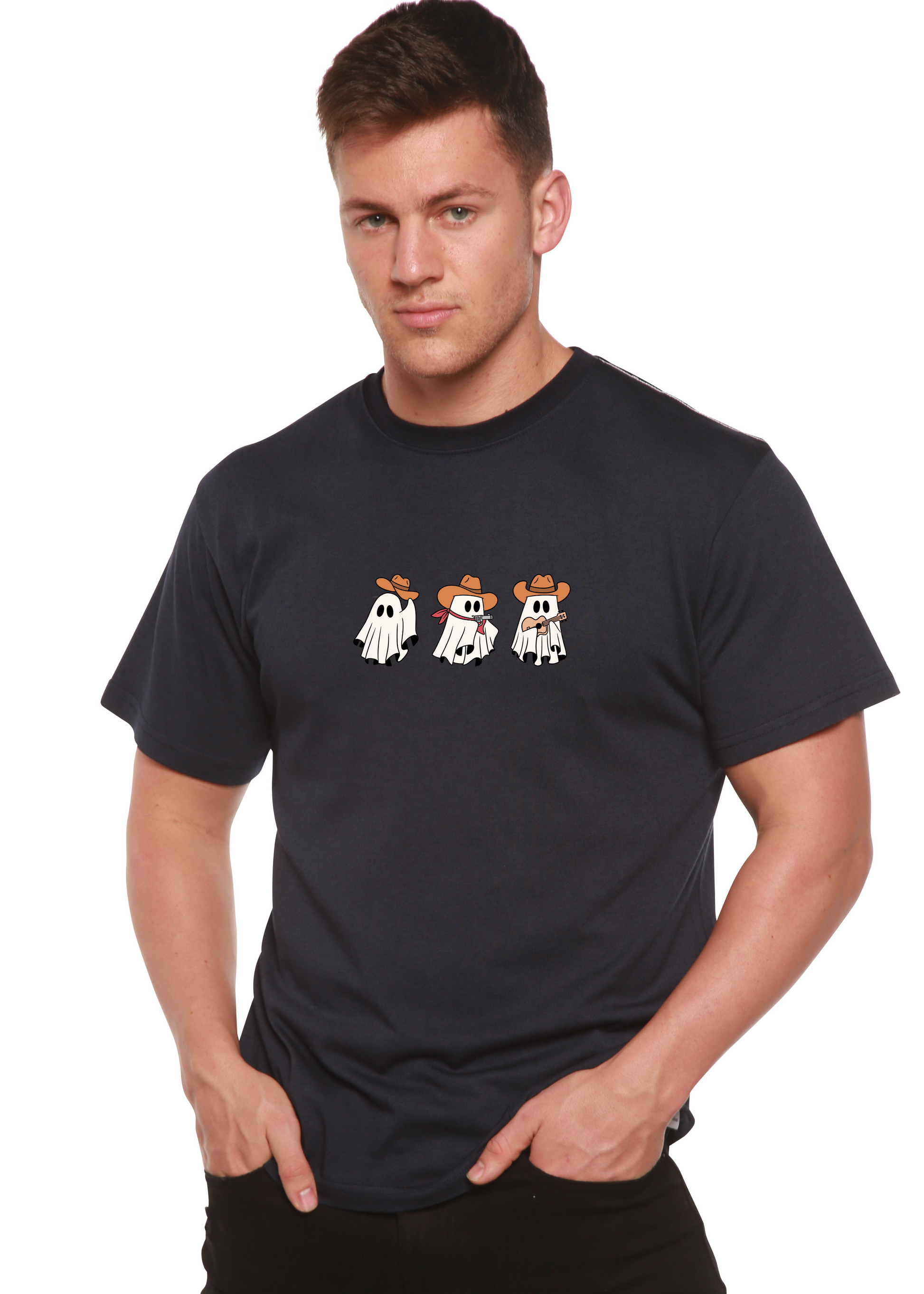 Cowboy Ghosts unisex bamboo viscose/organic cotton short sleeve graphic T-shirt black with 3 ghost cowboys on Tampa Home & Garden Store
