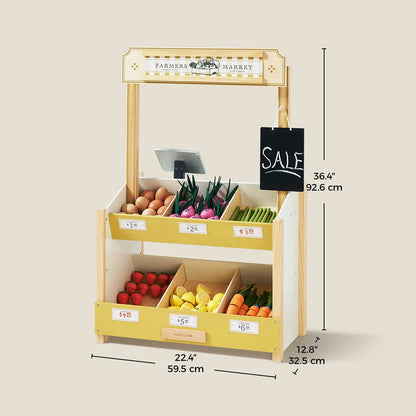Tiny Land Kid's Grocery Store Playset wooden market stand with yellow bins and chalkboard on Tampa Home & Garden Store