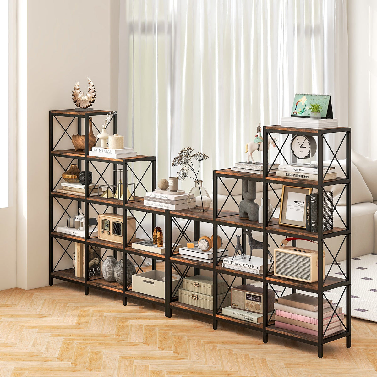 9-cube bookcase set with rustic brown wood shelves and black carbon-steel frames, filled with decor on Tampa Home & Garden Store