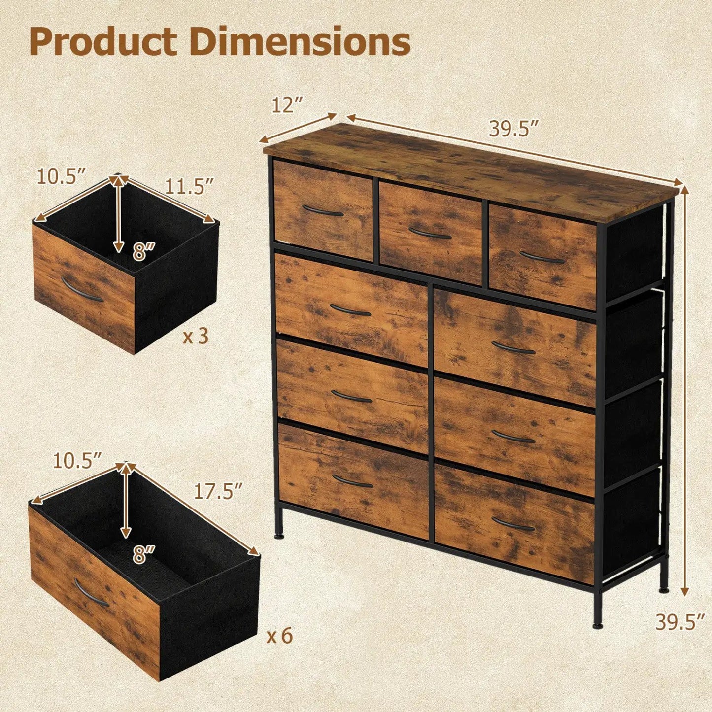 9-Drawer Fabric Dresser with Wooden Top Bedroom