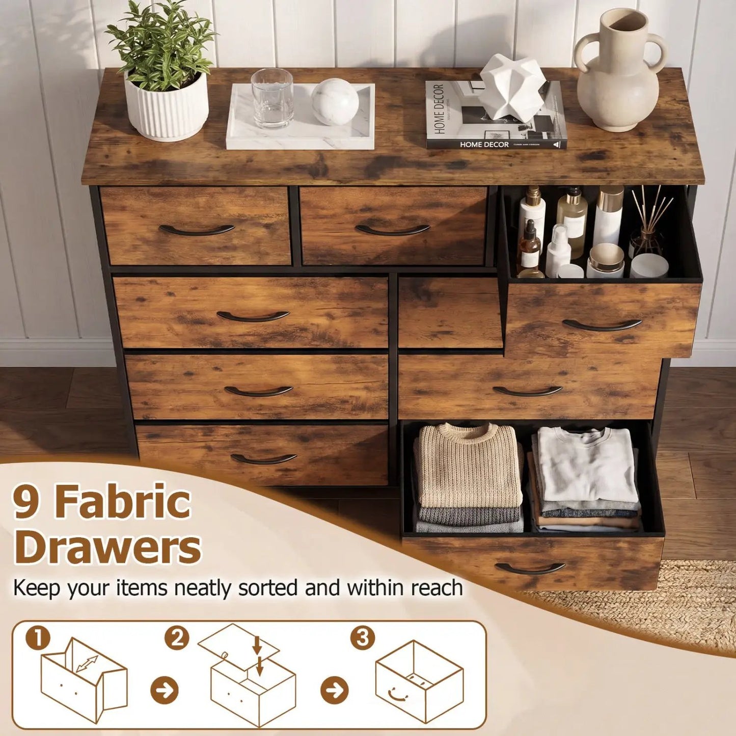 9-Drawer Fabric Dresser with Wooden Top Bedroom