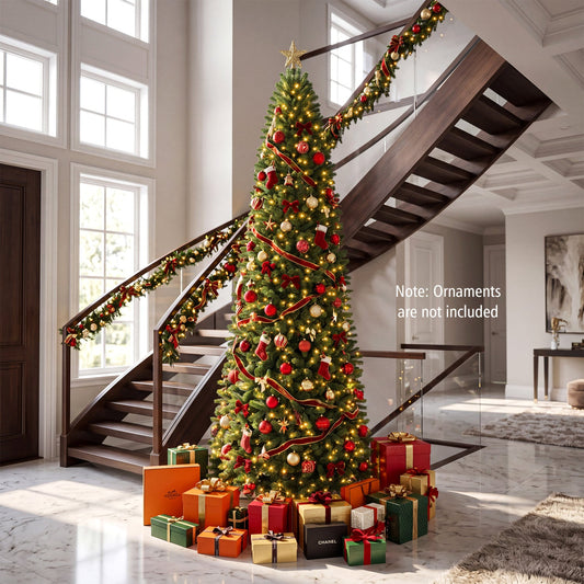 9 ft pencil Alpine Christmas Tree by DirectDeals with 550 dual-color LED lights and star topper on Tampa Home & Garden Store