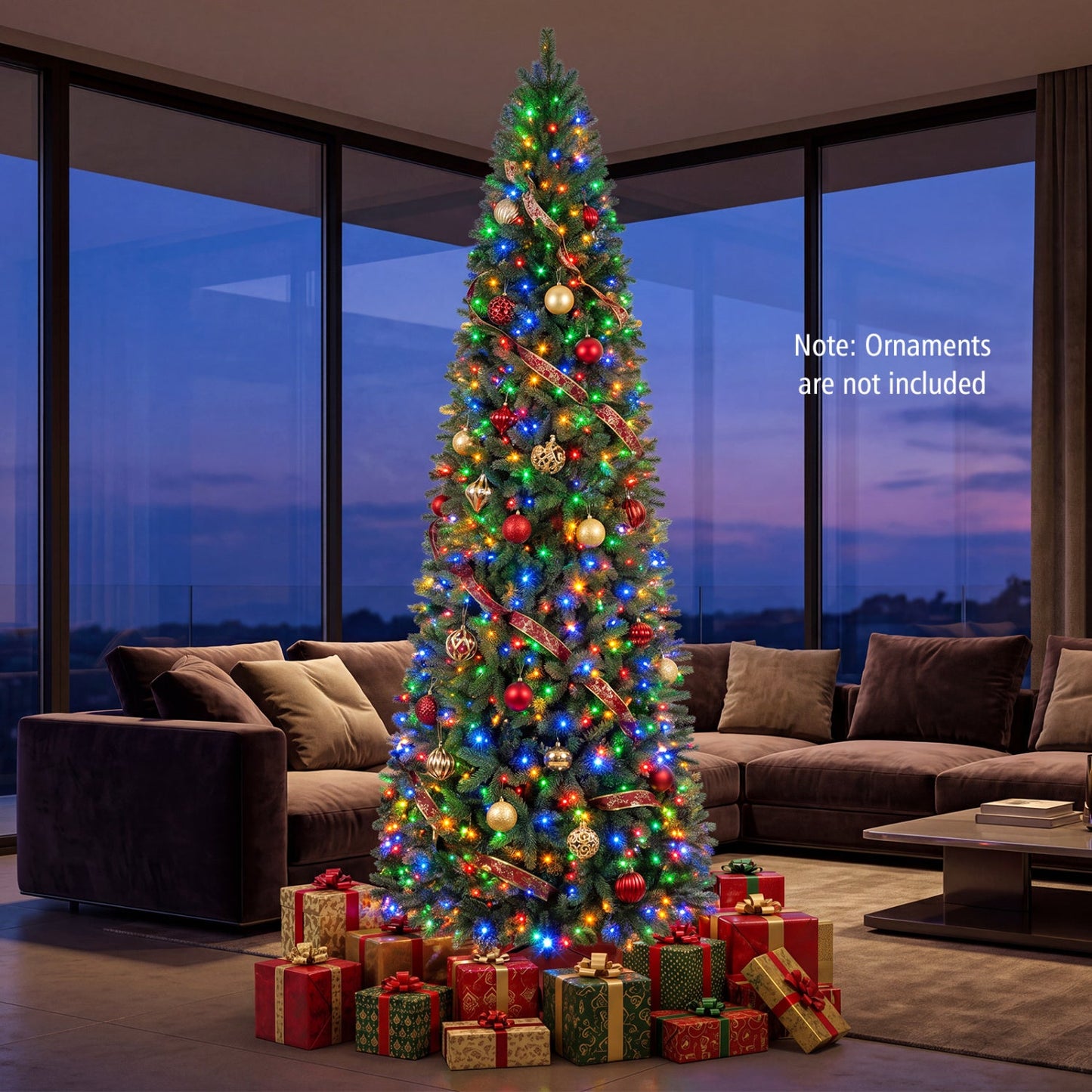 9 ft Pencil Alpine Christmas Tree DirectDeals with 550 dual-color LED lights in living room on Tampa Home & Garden Store