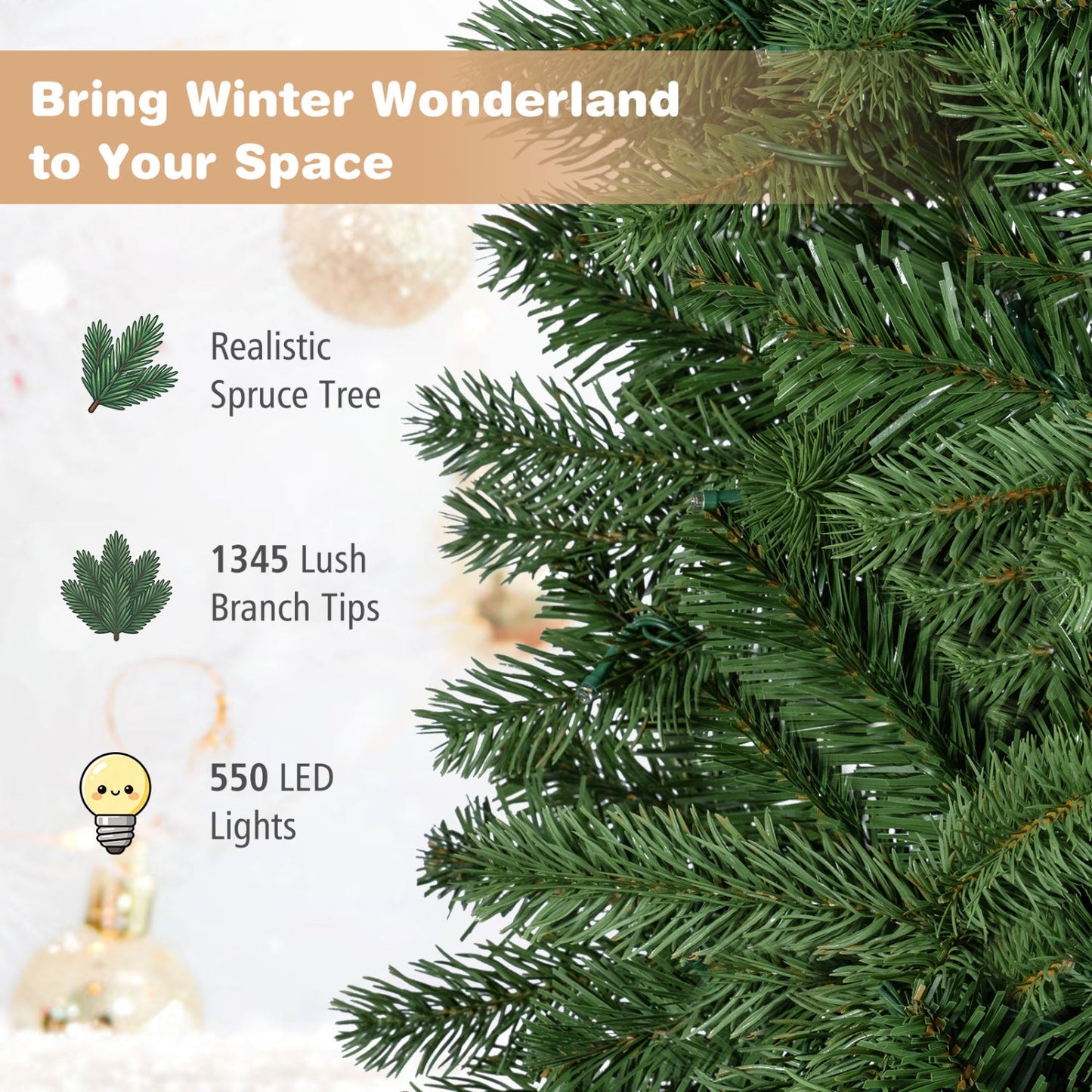 9 ft pencil Alpine Christmas Tree with 550 LED lights, 1345 lush branch tips, realistic spruce on Tampa Home & Garden Store
