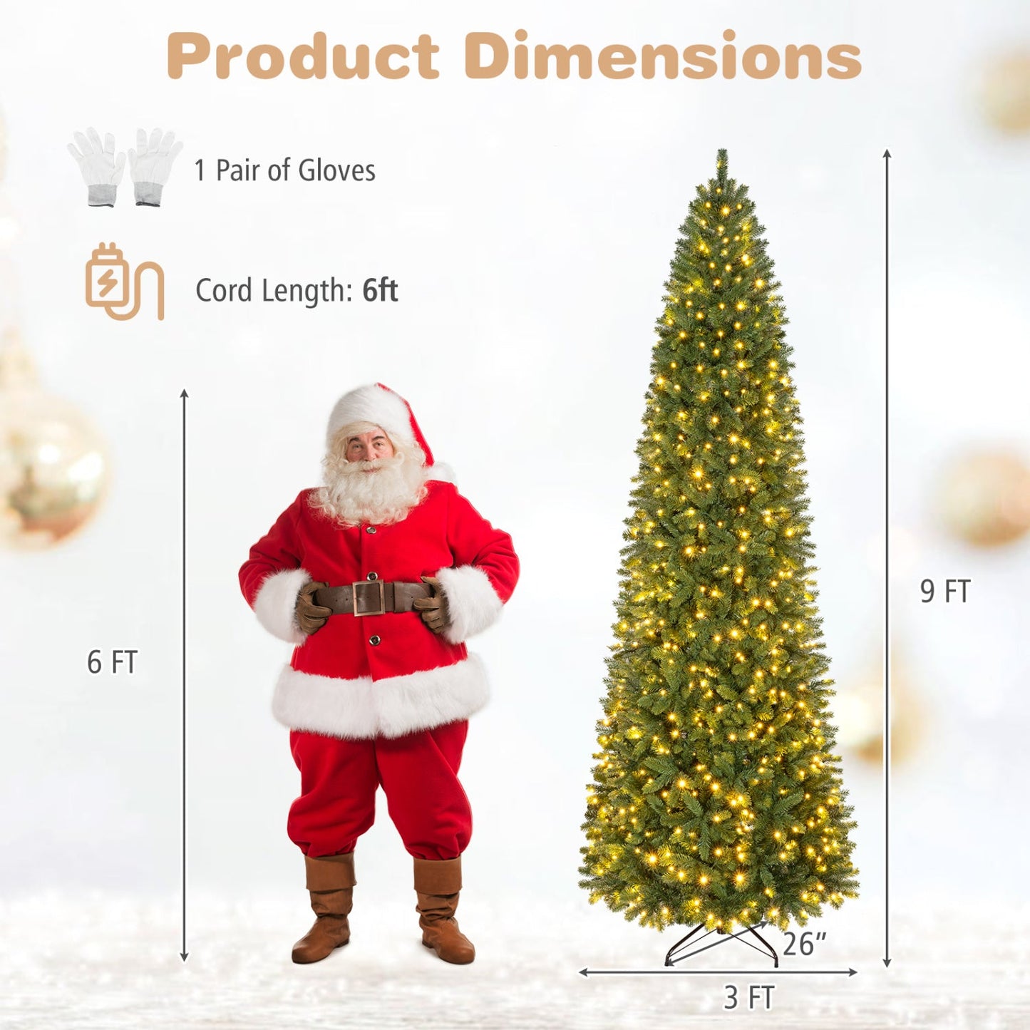 9 ft pencil Alpine Christmas tree by DirectDeals with 550 dual-color LED lights on a metal stand on Tampa Home & Garden Store