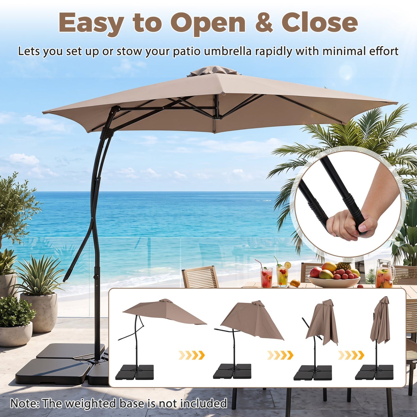 9 ft cantilever patio umbrella DirectDeals with tan canopy, cross base, and crank handle on Tampa Home & Garden Store