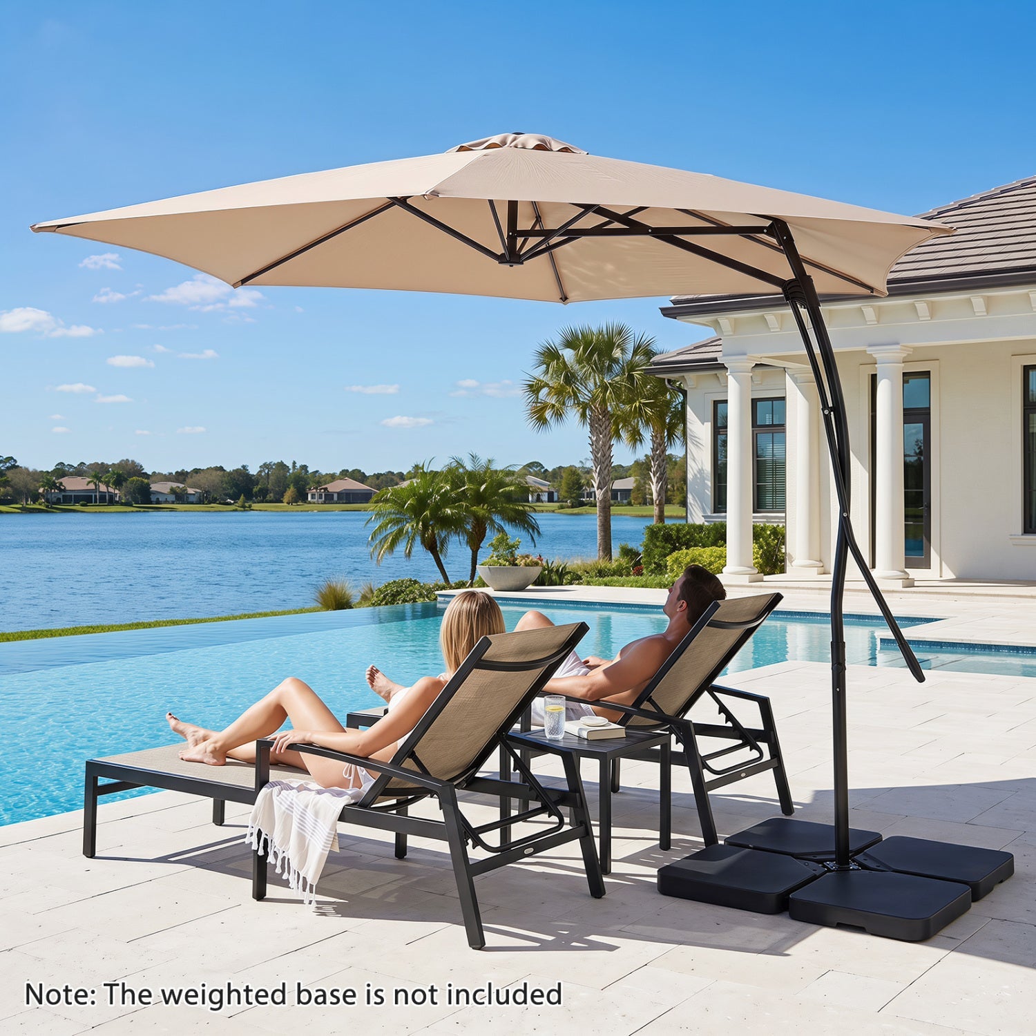 9 ft cantilever patio umbrella with crank by DirectDeals in beige fabric and cross base on Tampa Home & Garden Store