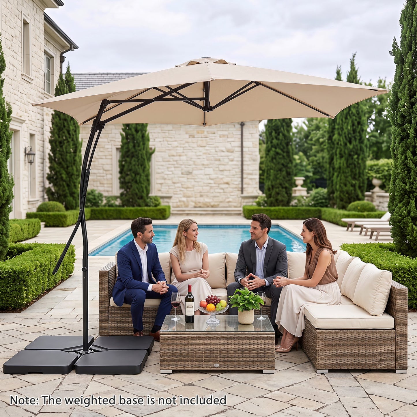 9 ft cantilever patio umbrella DirectDeals with cross base and crank handle, beige canopy on Tampa Home & Garden Store