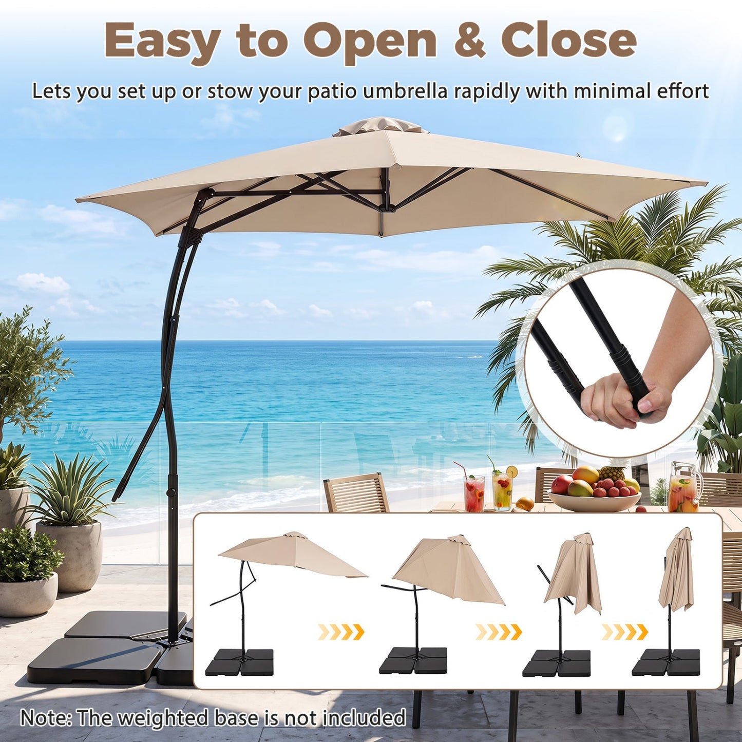 9 ft cantilever patio umbrella with beige canopy, cross base, crank handle on Tampa Home & Garden Store