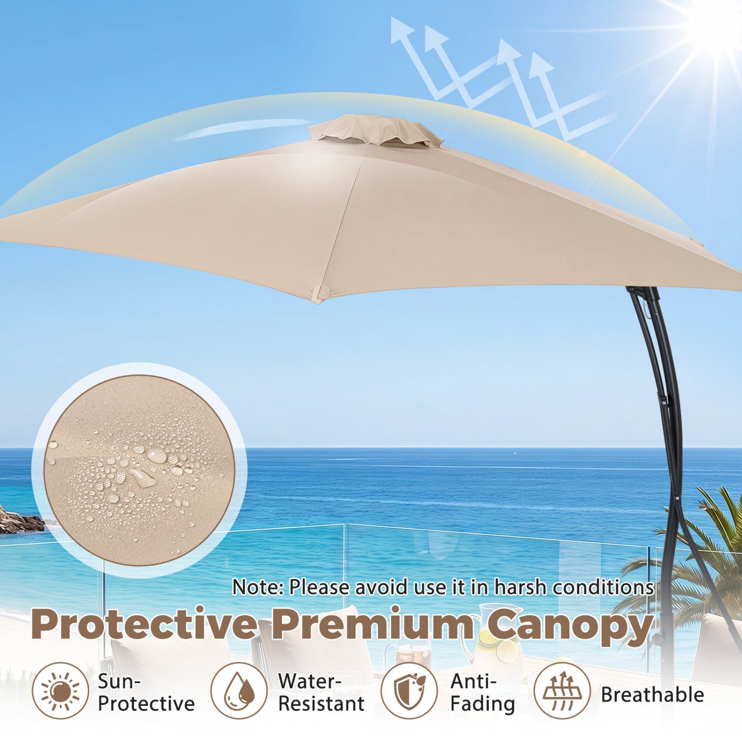 9 ft cantilever patio umbrella by DirectDeals beige with crank base; sun-protective canopy on Tampa Home & Garden Store