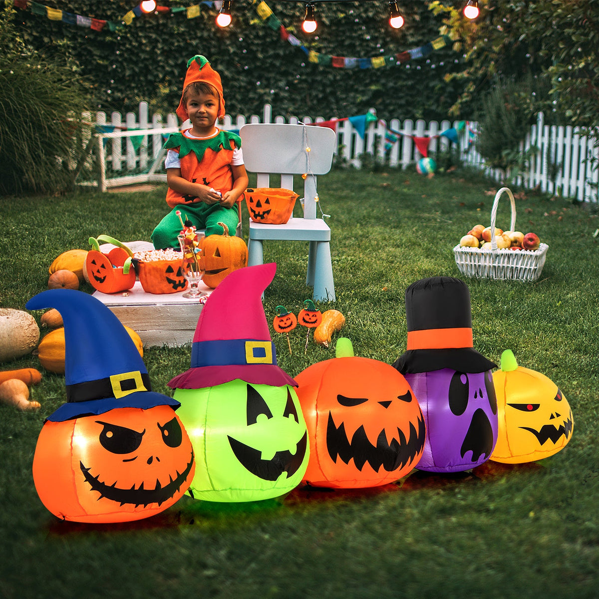 9 Feet Inflatable Pumpkin Patch family with LEDs and witch hats for Halloween decor on Tampa Home & Garden Store