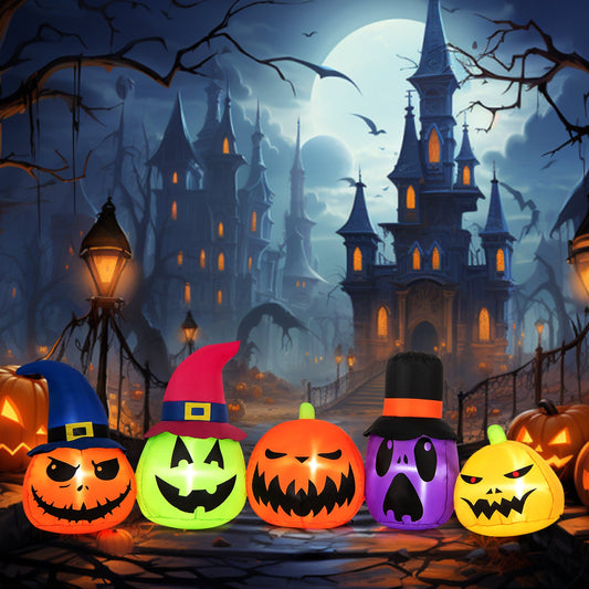 9 ft inflatable pumpkin patch family with LED lights and witch hats, glowing jack-o'-lanterns on Tampa Home & Garden Store