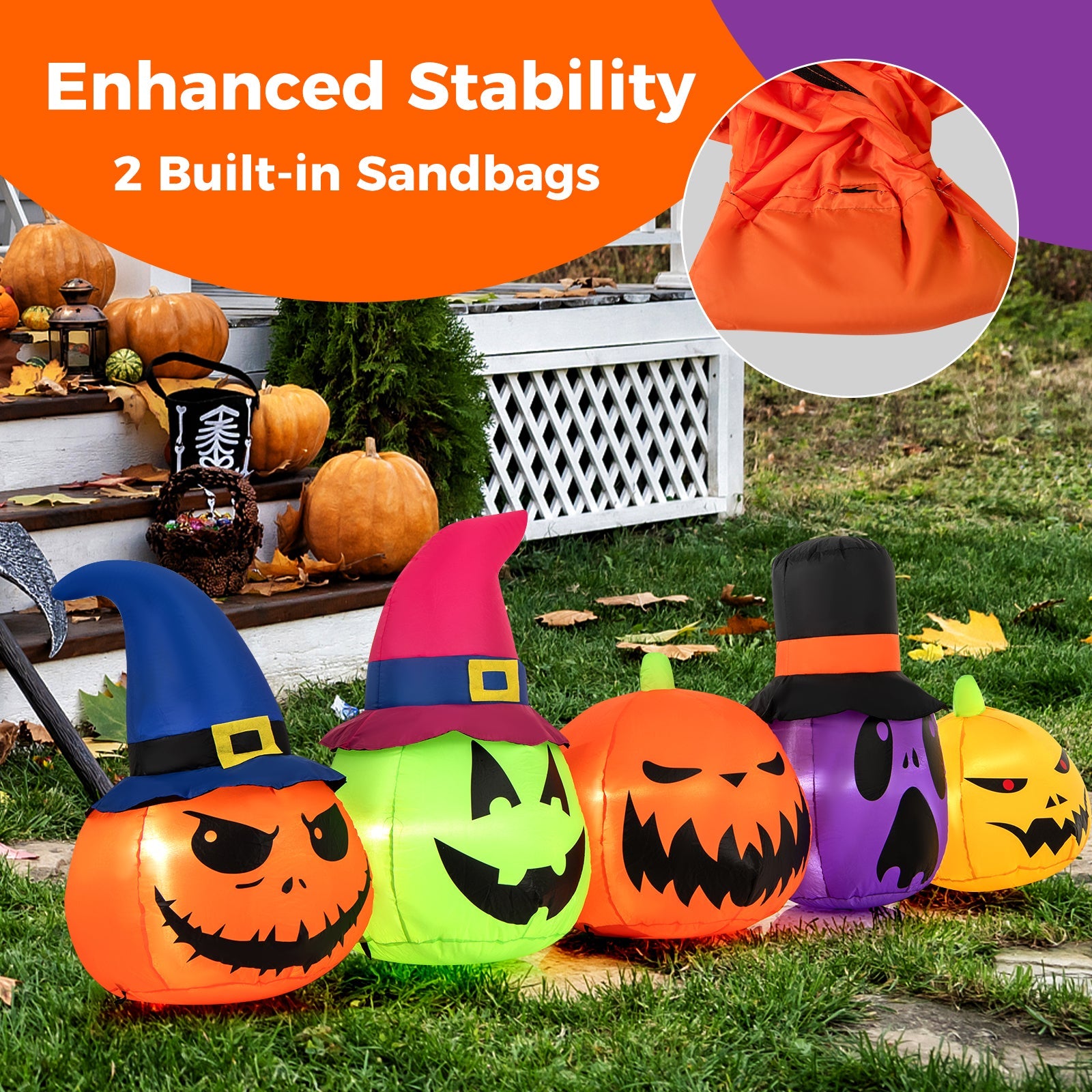 9 ft inflatable pumpkin patch family with LED lights and witch hats, pumpkins on lawn on Tampa Home & Garden Store