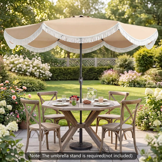 9 ft DirectDeals tassel patio umbrella with push-button tilt, beige canopy and white fringe on Tampa Home & Garden Store