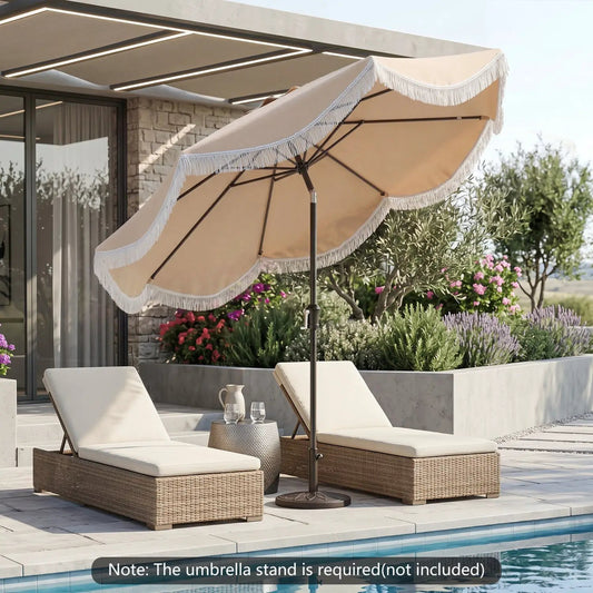 9 ft outdoor tassel umbrella with push-button tilt DirectDeals tan canopy white fringe poolside on Tampa Home & Garden Store