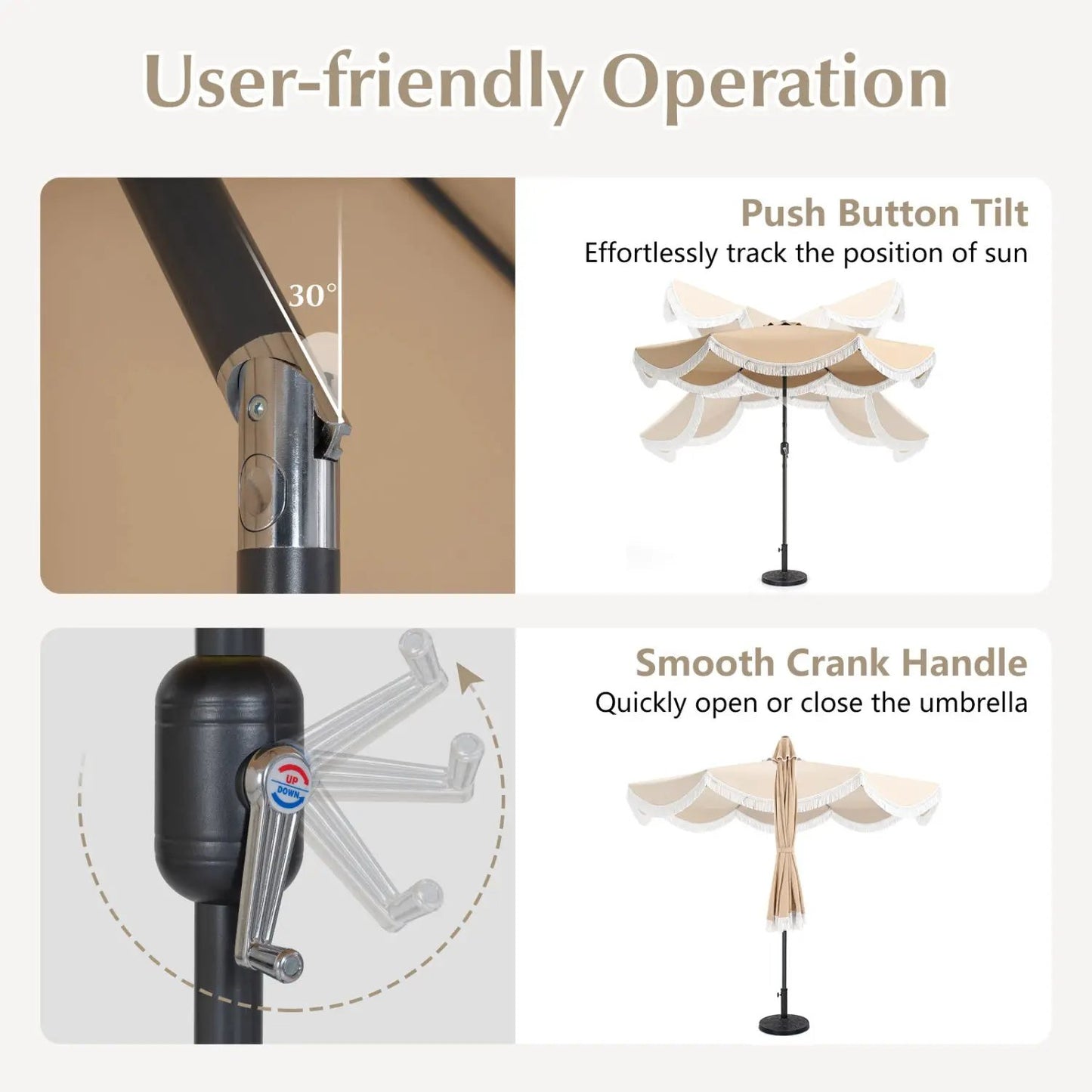 9 Ft Tassel Umbrella with Push Button Tilt