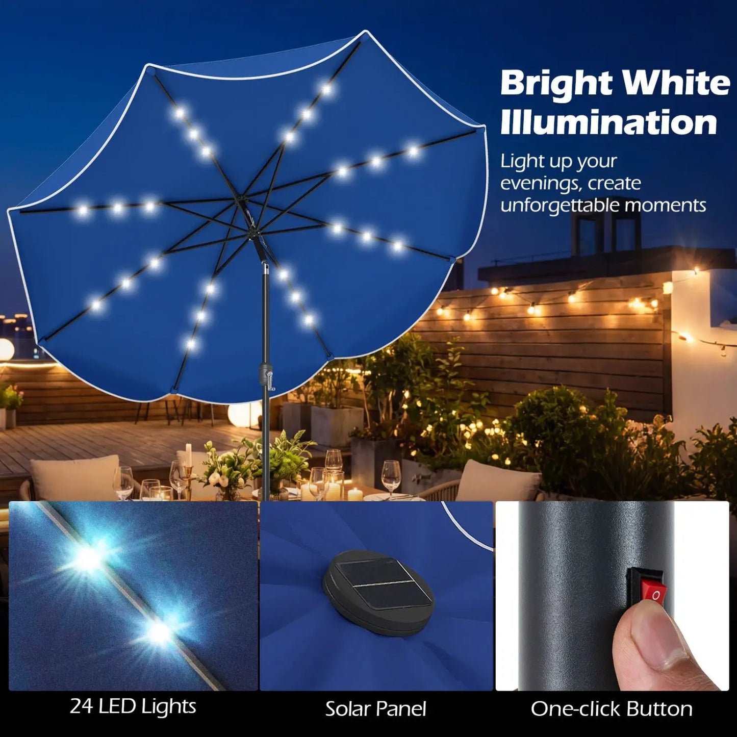9 ft Solar Patio Umbrella with 24 LED Lights