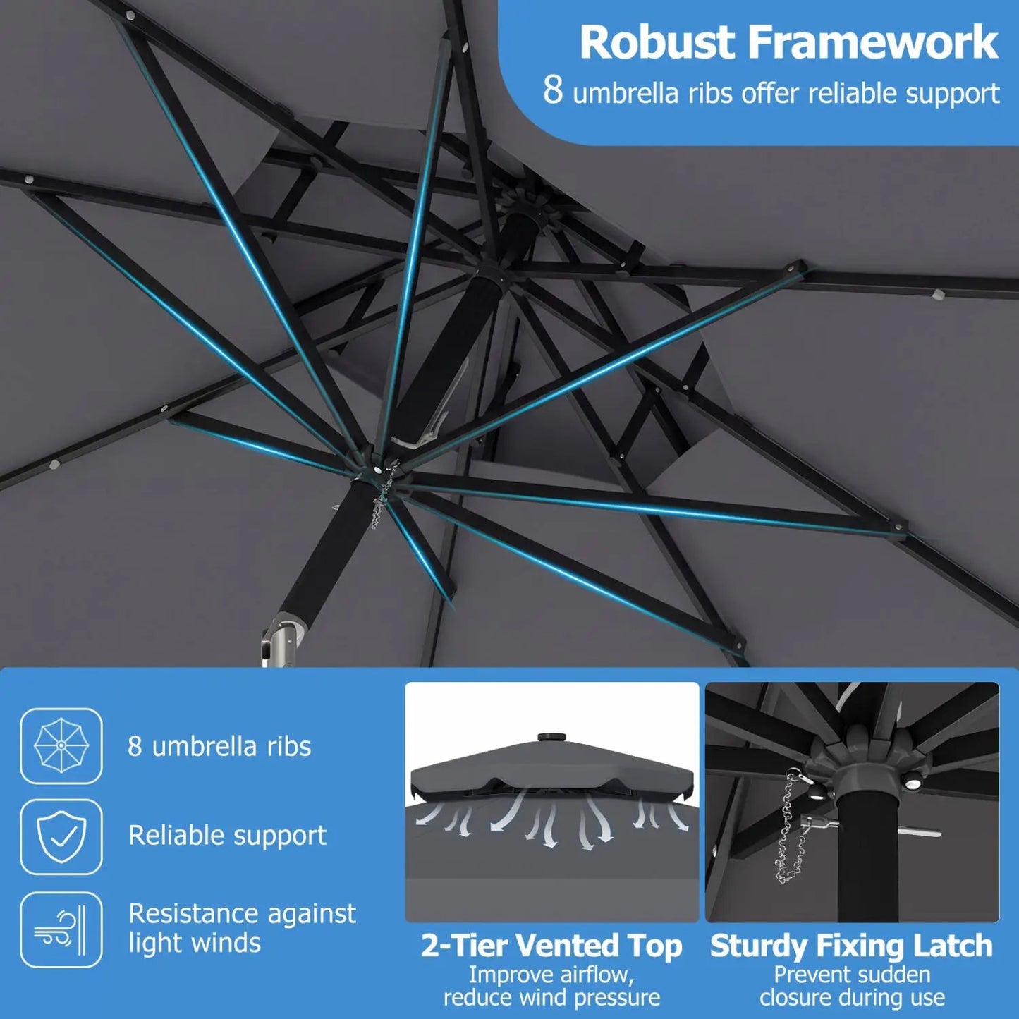 9 ft Solar LED Patio Umbrella with Tilt and Crank