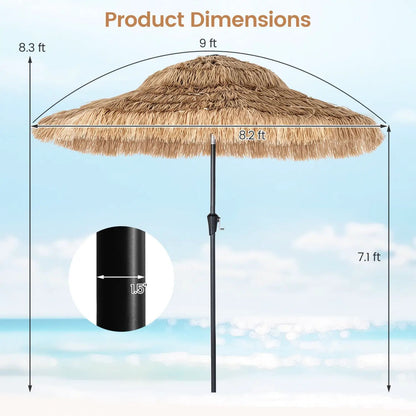 Thatched Tiki Umbrella 9 Ft With Solar Led Lights