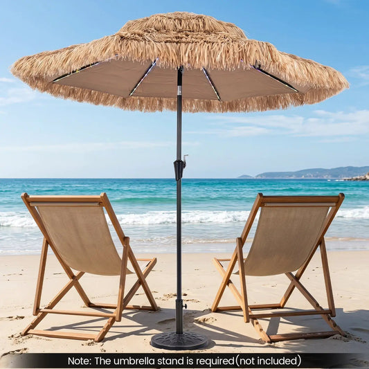 Thatched Tiki Umbrella 9 ft with solar LED lights, tan canopy, wooden beach lounge chairs on Tampa Home & Garden Store