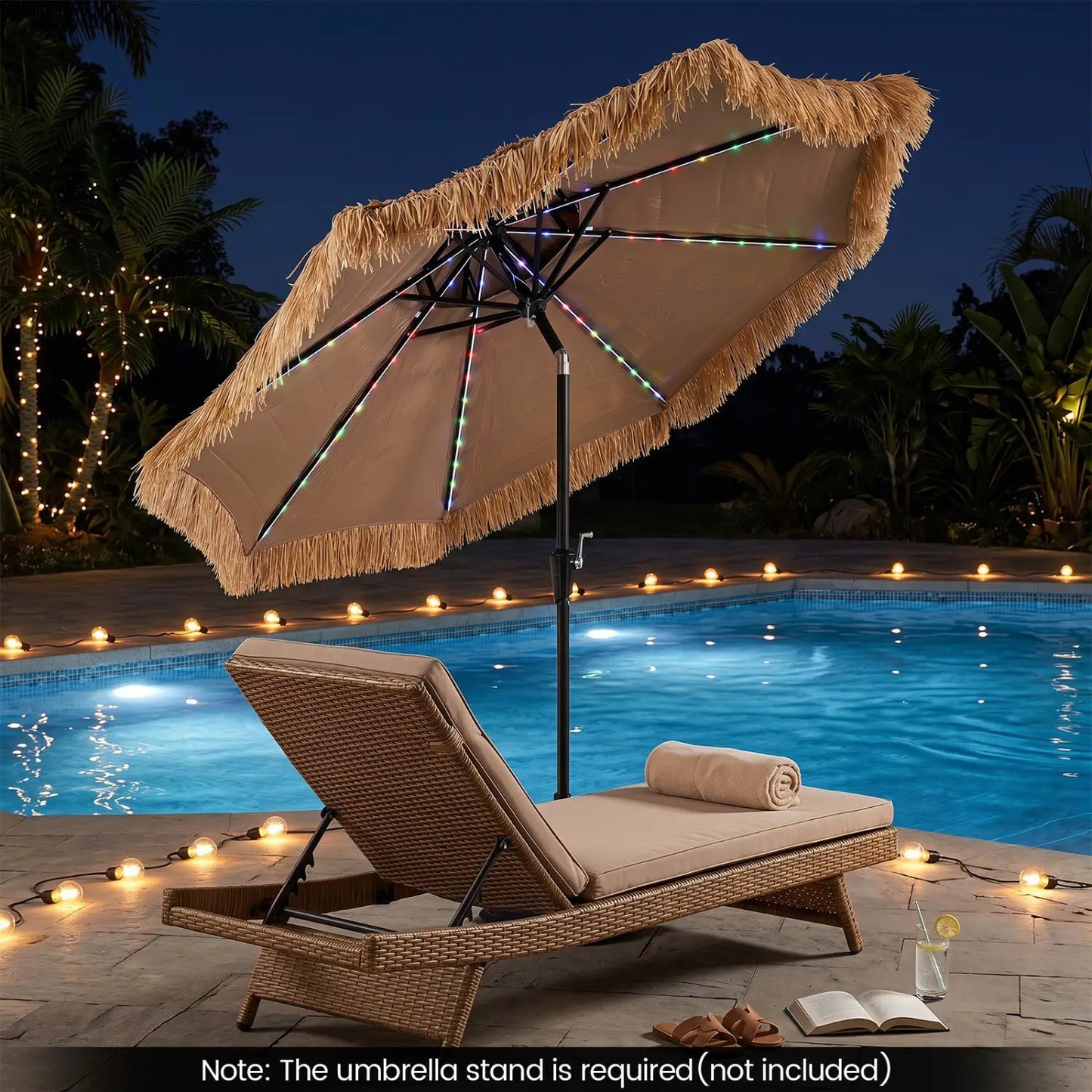 Thatched Tiki Umbrella 9 Ft With Solar Led Lights