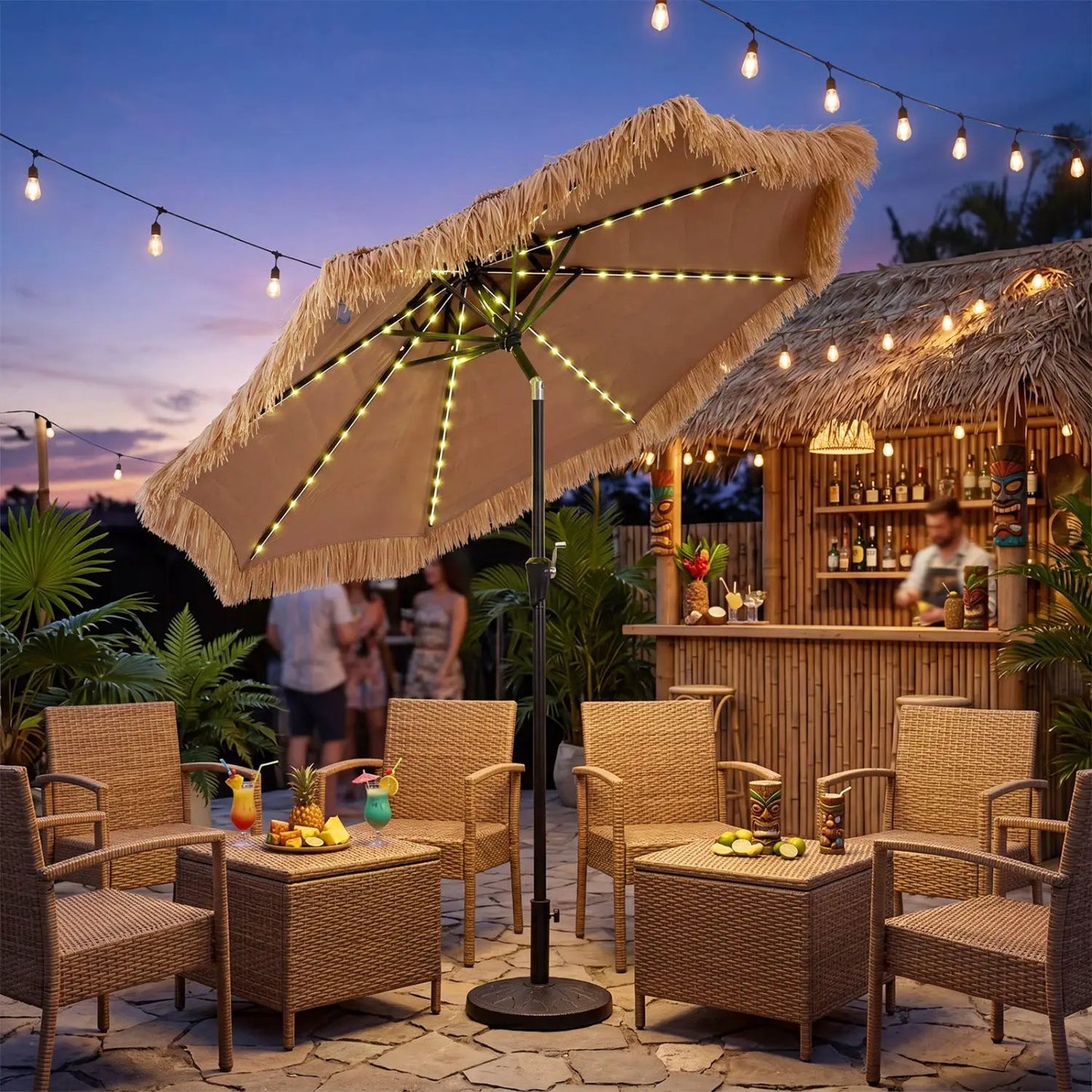 Thatched Tiki Umbrella 9 Ft With Solar Led Lights