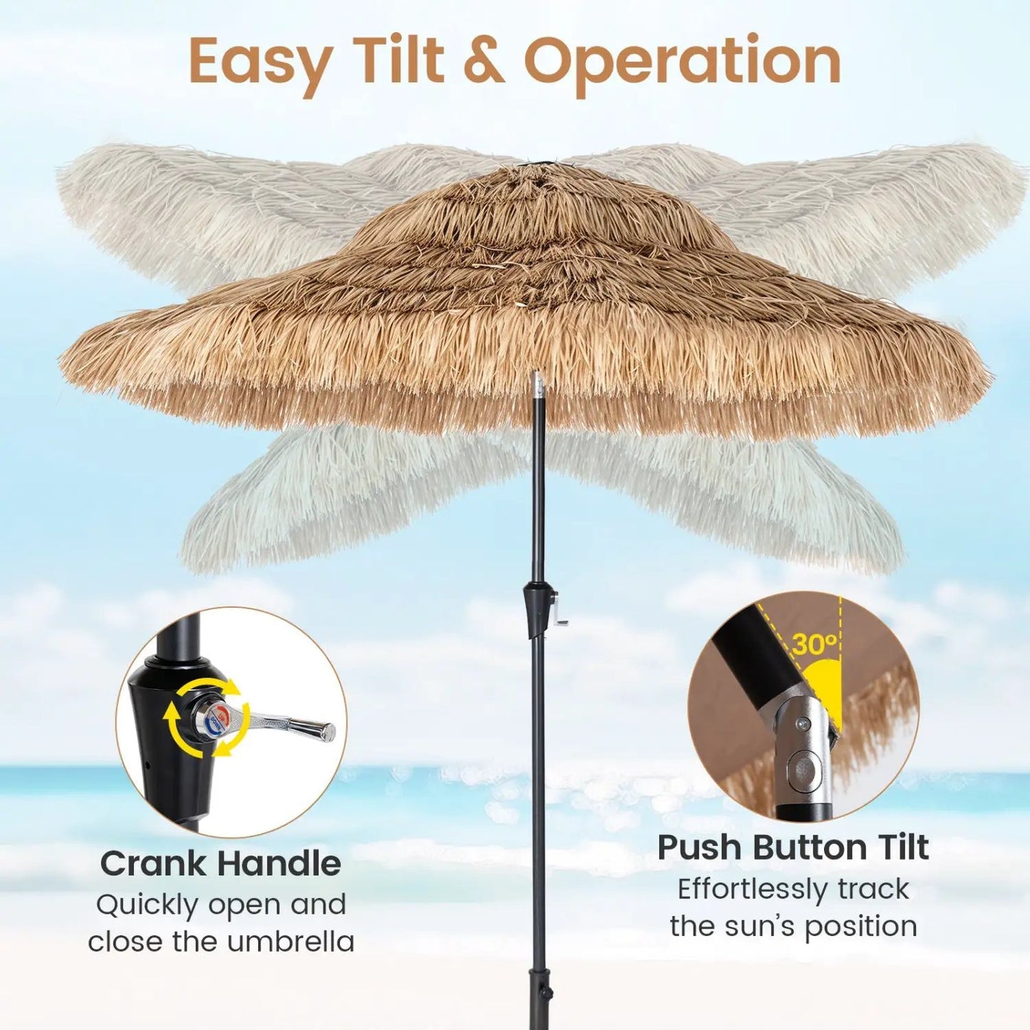 Thatched Tiki Umbrella 9 Ft With Solar Led Lights