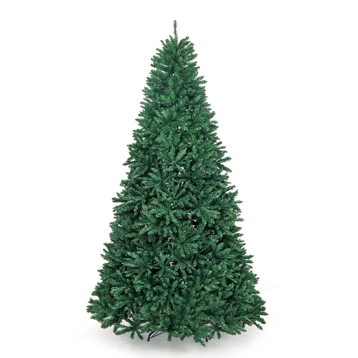 9 ft hinged artificial PVC Christmas tree with solid metal stand green branches on Tampa Home & Garden Store