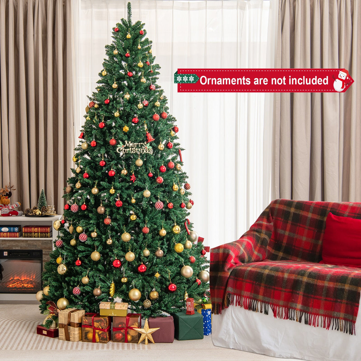 DirectDeals 9 ft hinged PVC Christmas tree with solid metal stand, red and gold ornaments on Tampa Home & Garden Store