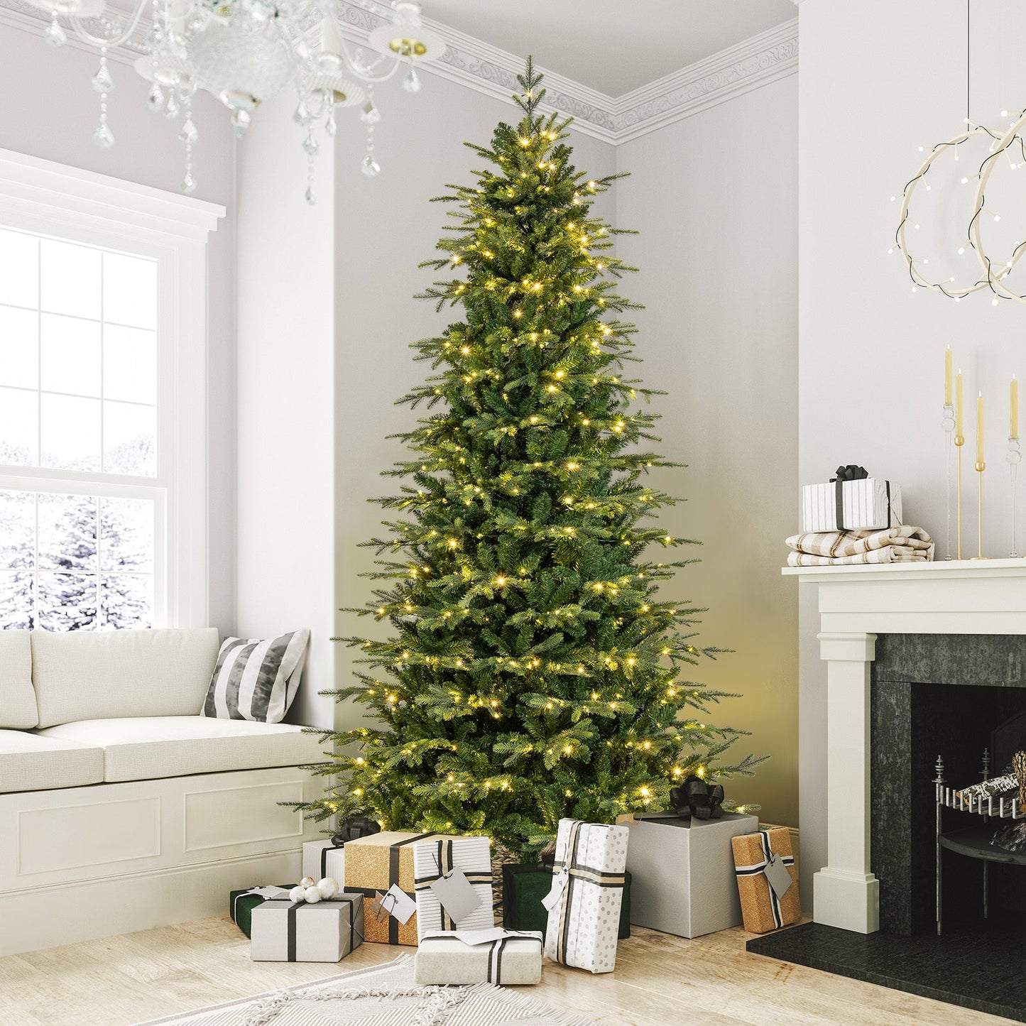 7.5 ft pre-lit artificial Christmas tree with warm white LEDs in a cozy living room on Tampa Home & Garden Store