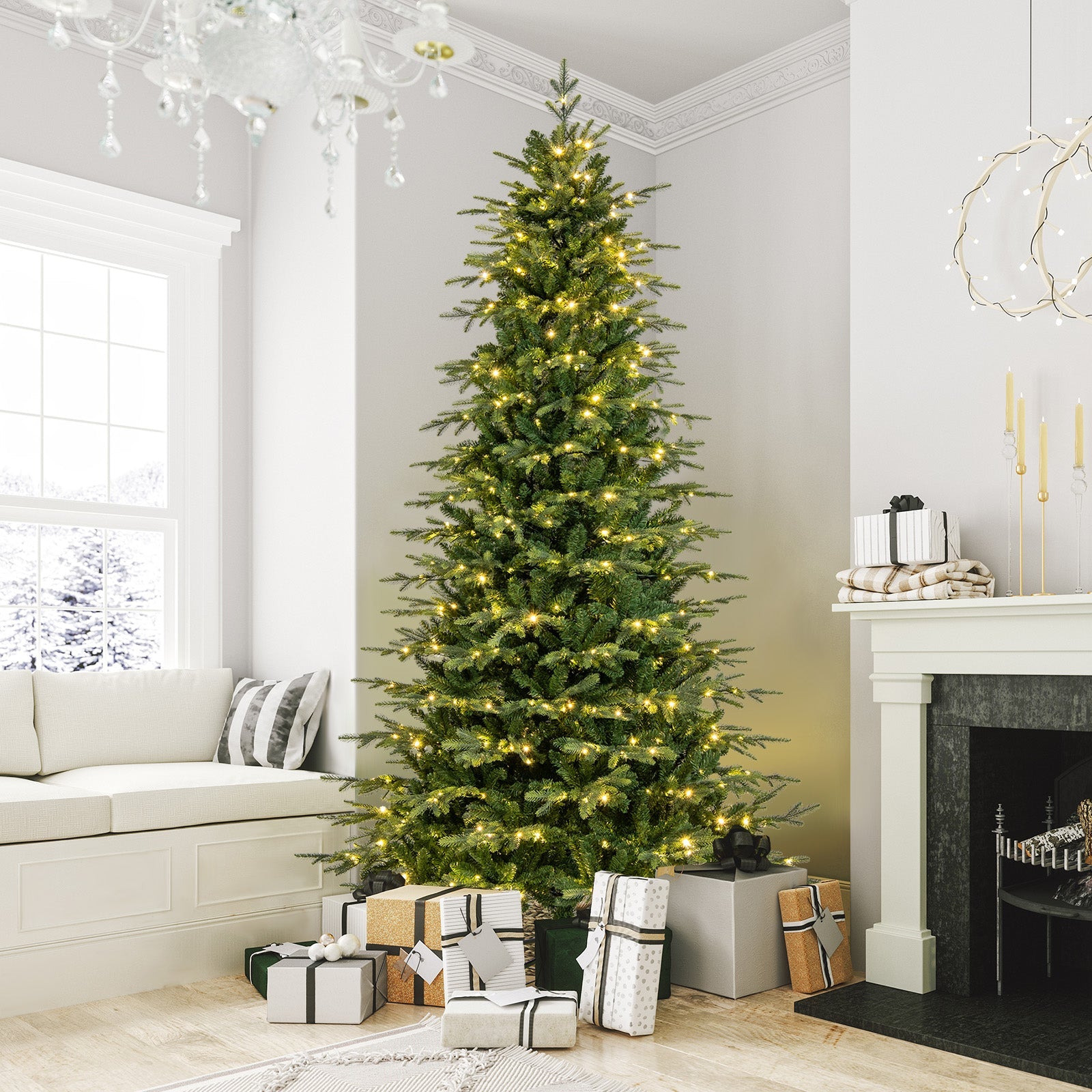 7.5 ft pre-lit artificial Christmas tree with warm white LEDs in a cozy living room on Tampa Home & Garden Store