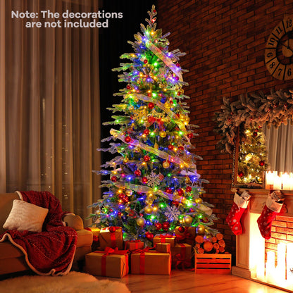 7.5 ft DirectDeals pre-lit artificial Christmas tree with multicolor LED lights and gold ornaments in a cozy living room with gifts on Tampa Home & Garden Store