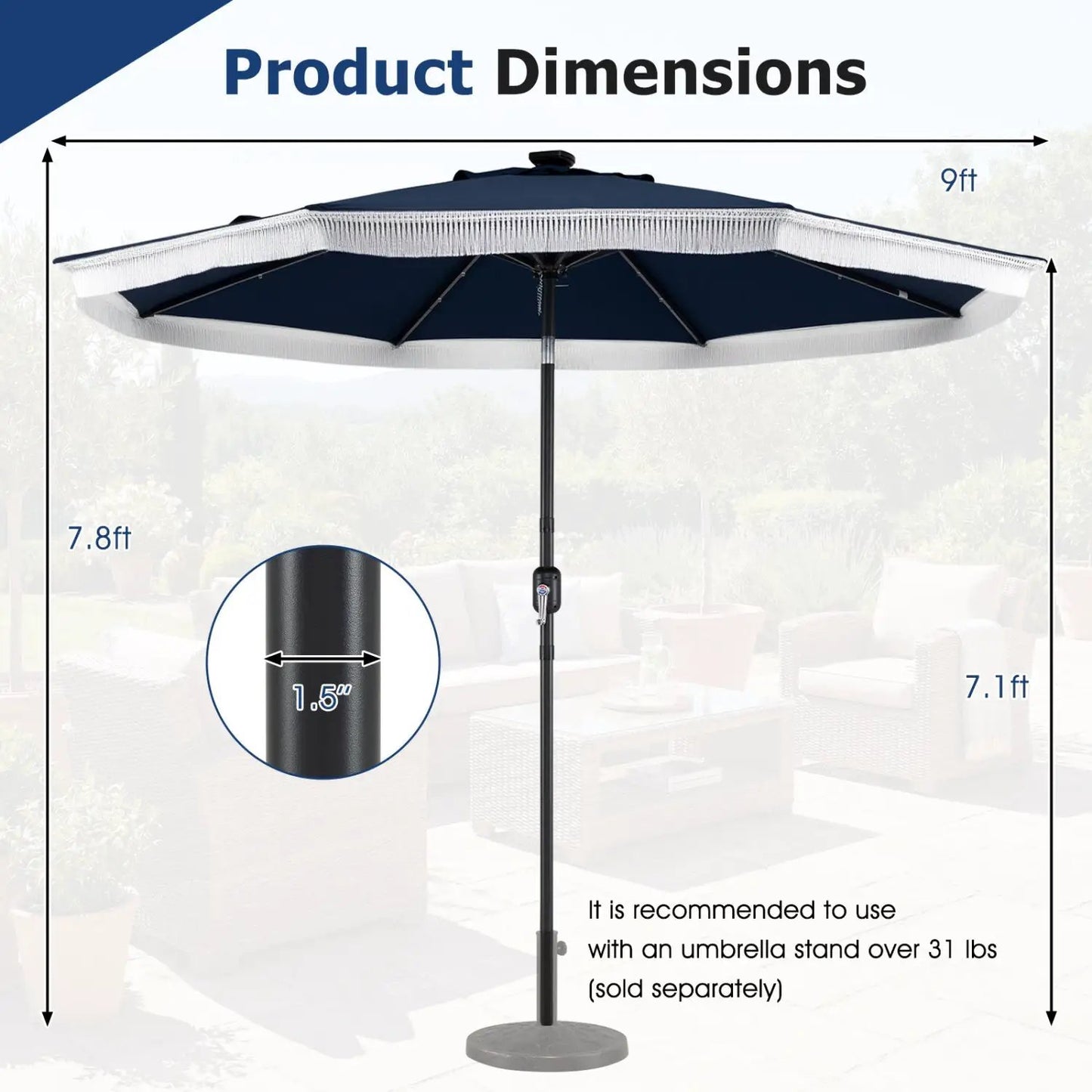 9 Feet Solar Patio Umbrella with 24 Led Lights