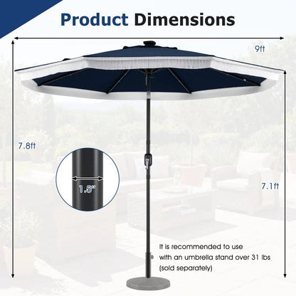 9 Feet Solar Patio Umbrella with 24 Led Lights