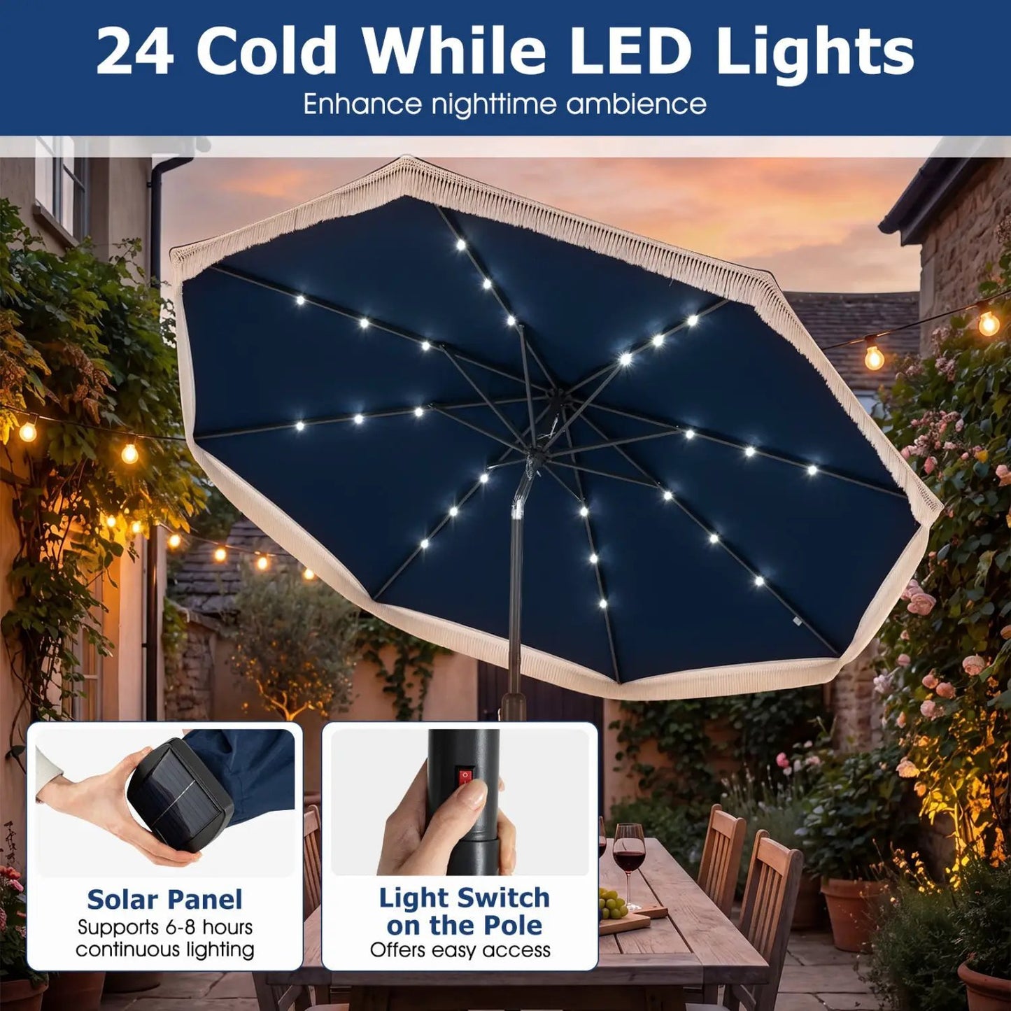 9 Feet Solar Patio Umbrella with 24 Led Lights