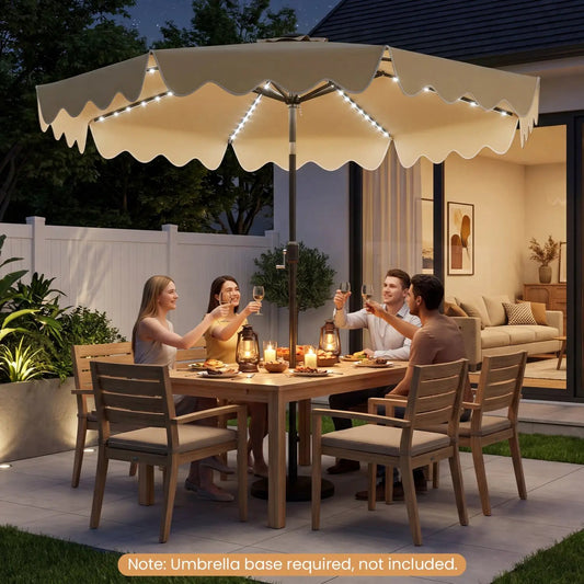 9 ft solar patio umbrella with LED lights by DirectDeals, beige scalloped canopy on Tampa Home & Garden Store