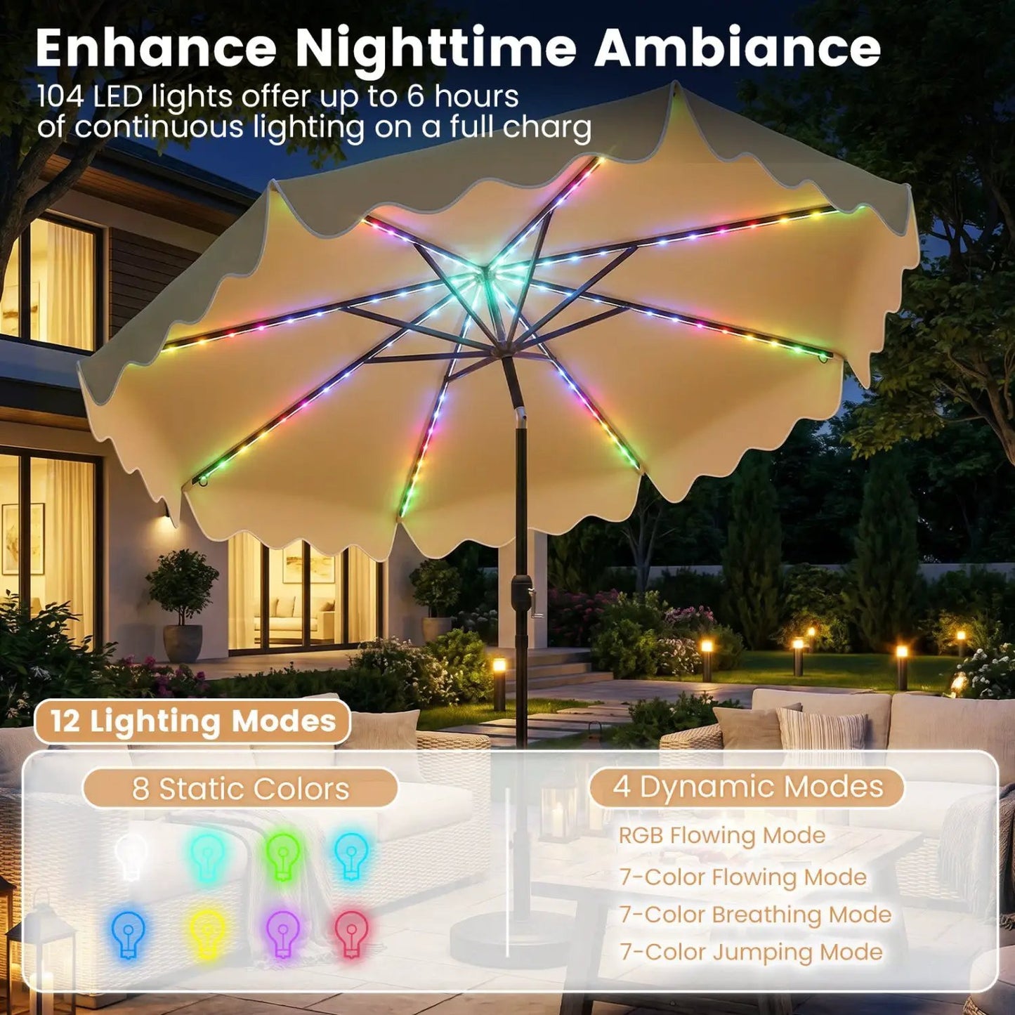 9 Ft Solar Patio Umbrella With LED Lights