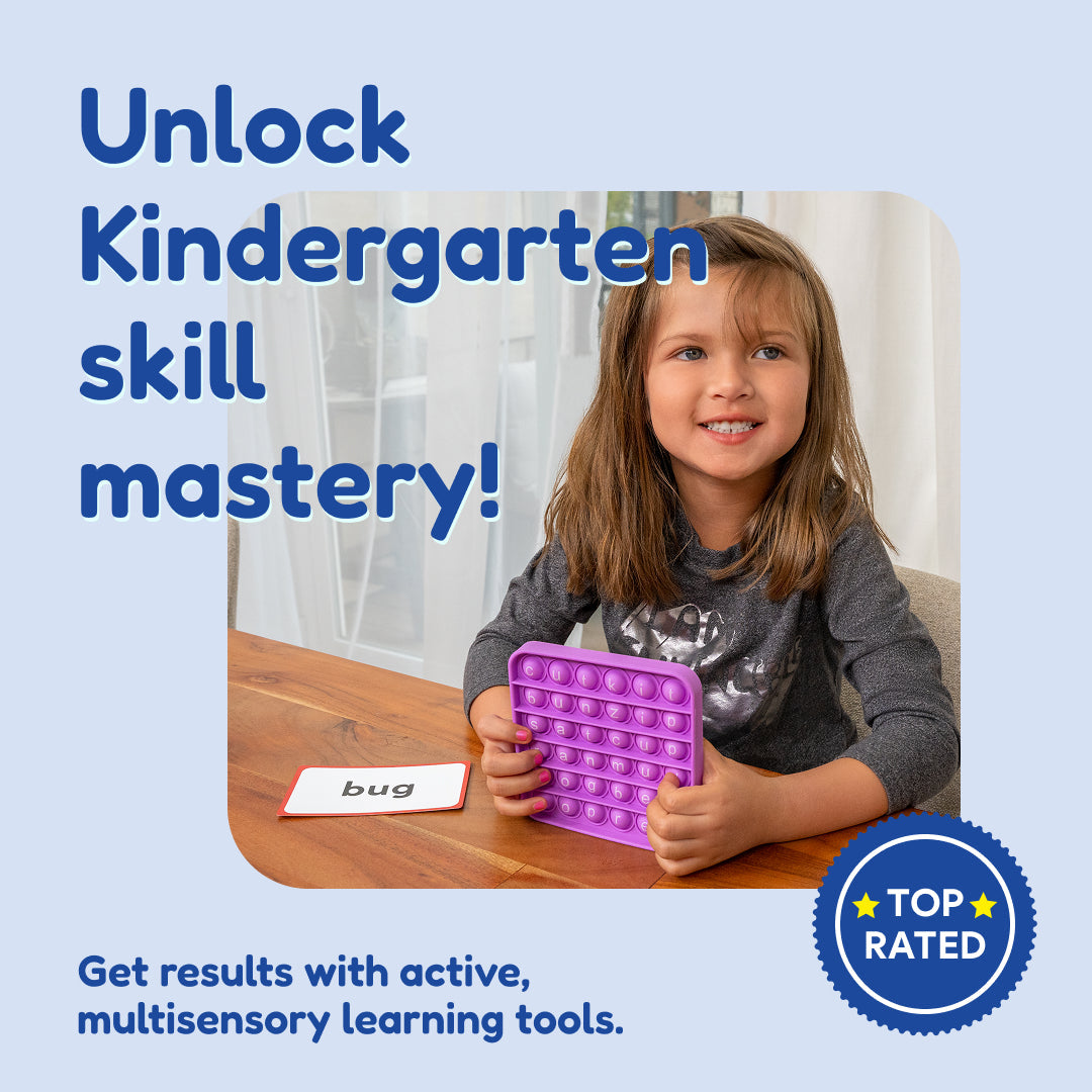 Kindergarten Readiness Backpack educational toy with a child holding a purple pop-it at a table on Tampa Home & Garden Store