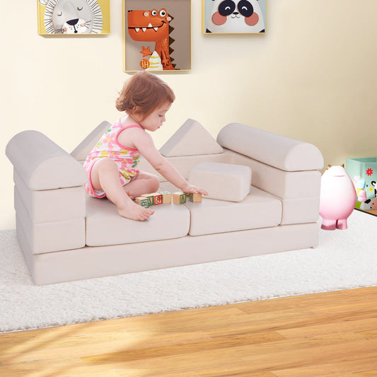 9-Piece Climb and Crawl Foam and Floor Playset with Breathable Suede Fabric-Beige - Tampa Home & Garden Store