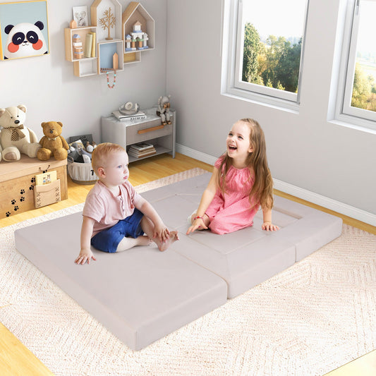 9-Piece Climb and Crawl Foam and Floor Playset with Breathable Suede Fabric-Beige - Tampa Home & Garden Store