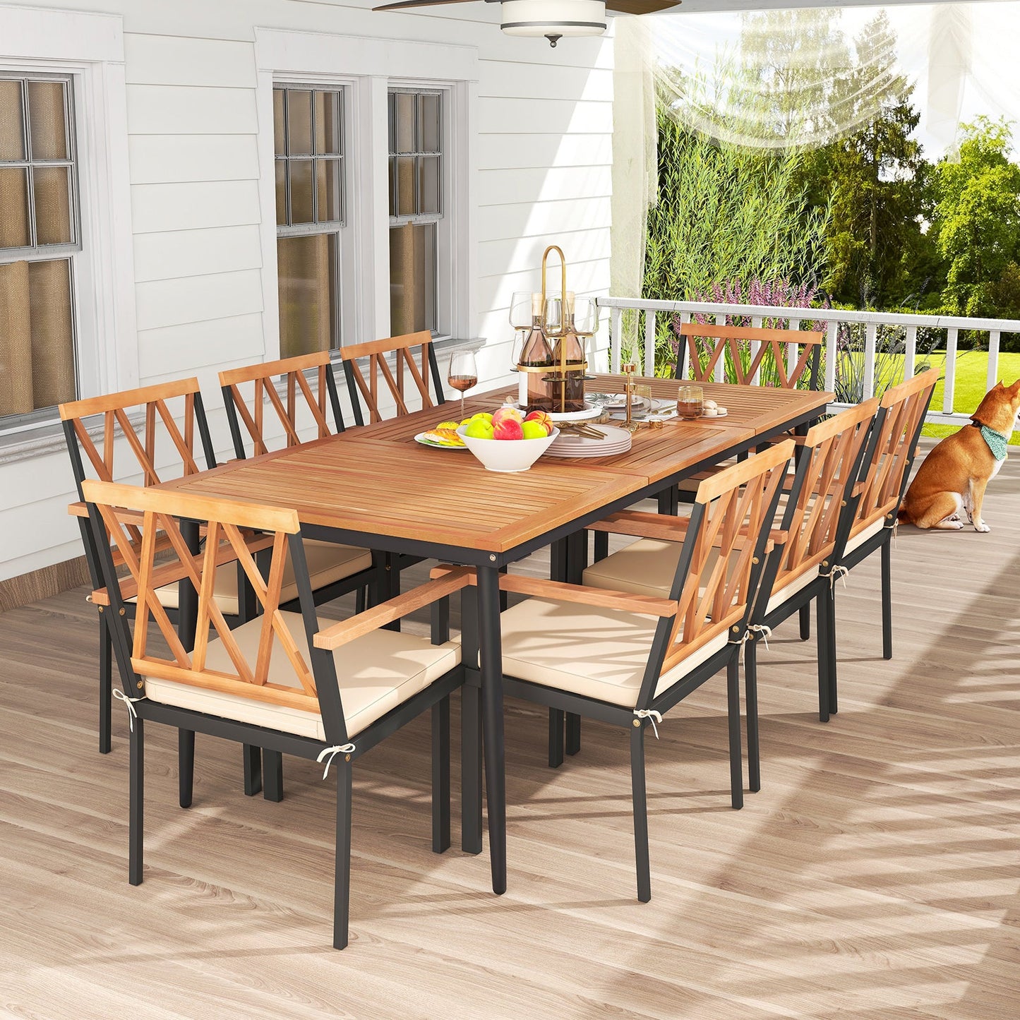 Juego de comedor para patio de 9 piezas con orificio para sombrilla de 1.9 pulgadas y cojines de asiento