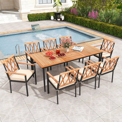 Juego de comedor para patio de 9 piezas con orificio para sombrilla de 1.9 pulgadas y cojines de asiento